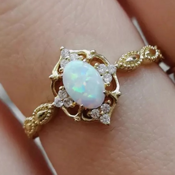 everrealli Jewelry - Yellow Gold Blue Oval Opal Fancy Halo Milgrain Ring